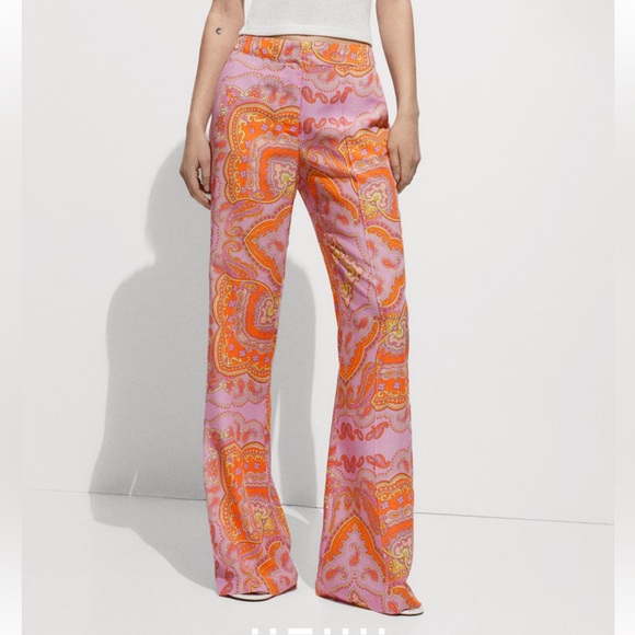 Mango Pants - Mango Paisley Print Pink Orange Wide-Leg Pants Size S